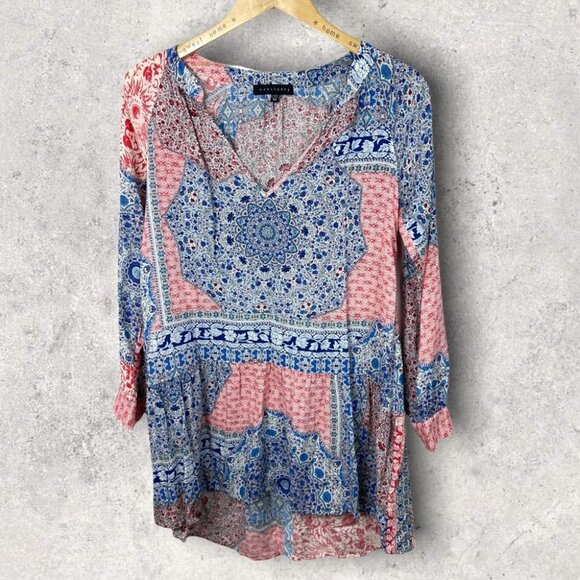 Sanctuary Bohemian Patchwork Print Blue Pink Long Sleeve Shift Dress Festival XS - Picture 2 of 13